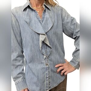 Vintage Lauren Jeans Co Ralph Lauren Denim Ruffle Blouse Shirt Medium 90s
